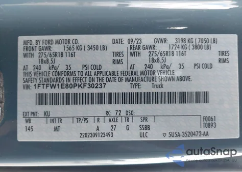 2023 Ford F-150 Xlt из США, поврежденный, VIN 1FTFW1E80PKF30237